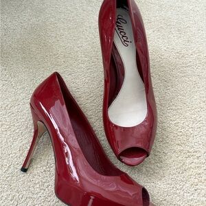Gucci Burgundy Patent Leather Peep-Toe Pumps